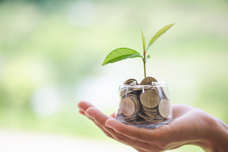 Hand holding a glass jar of coins with a seedling growing from it
