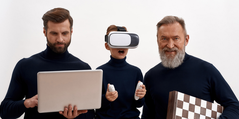 Man holding a laptop, boy wearing a VR headset with controllers, and older man holding a chess board