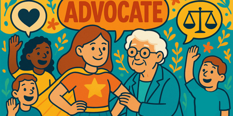 Illustration with text: ADVOCATE, showing a woman supporting an older woman and children with heart and scales symbols